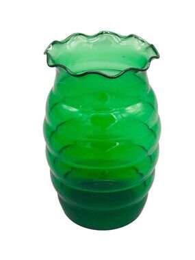 Green Glass Vase Length 7" Width 4.5" clear rippled READ
